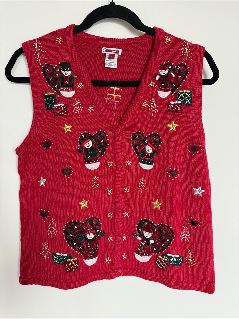 Vintage Christmas Snowman Beaded Knit Sweater Vest Size S